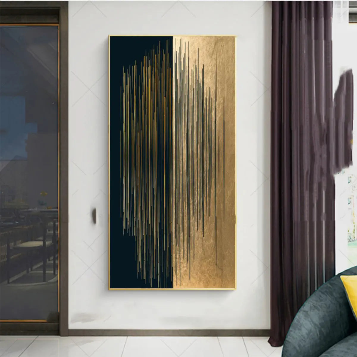 Abstract wall art featuring vertical gold lines against a dark blue background, framed in gold, enhancing modern interior decor.