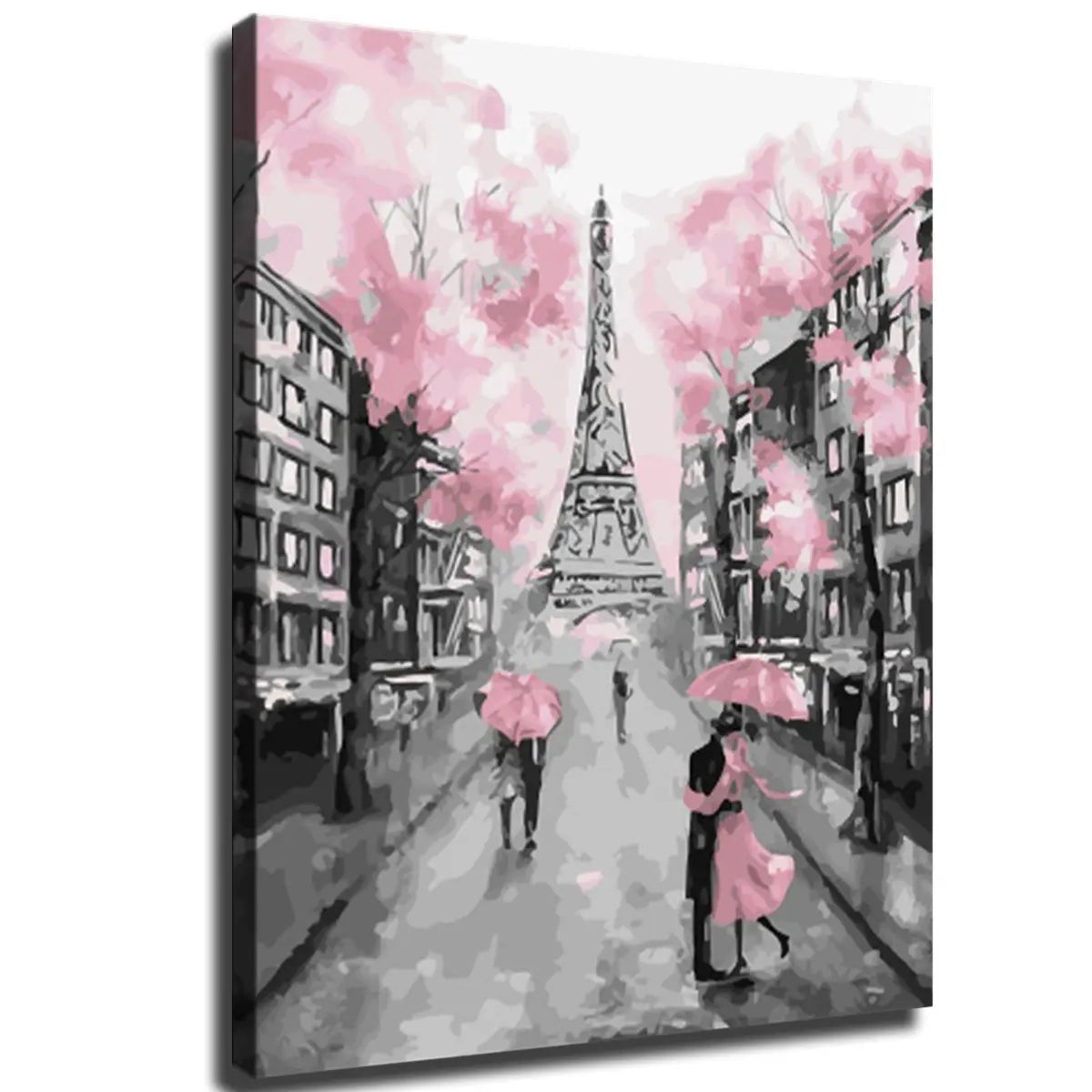 Romantic scene featuring a couple embracing under an umbrella, with the Eiffel Tower framed by cherry blossoms in soft pink hues.