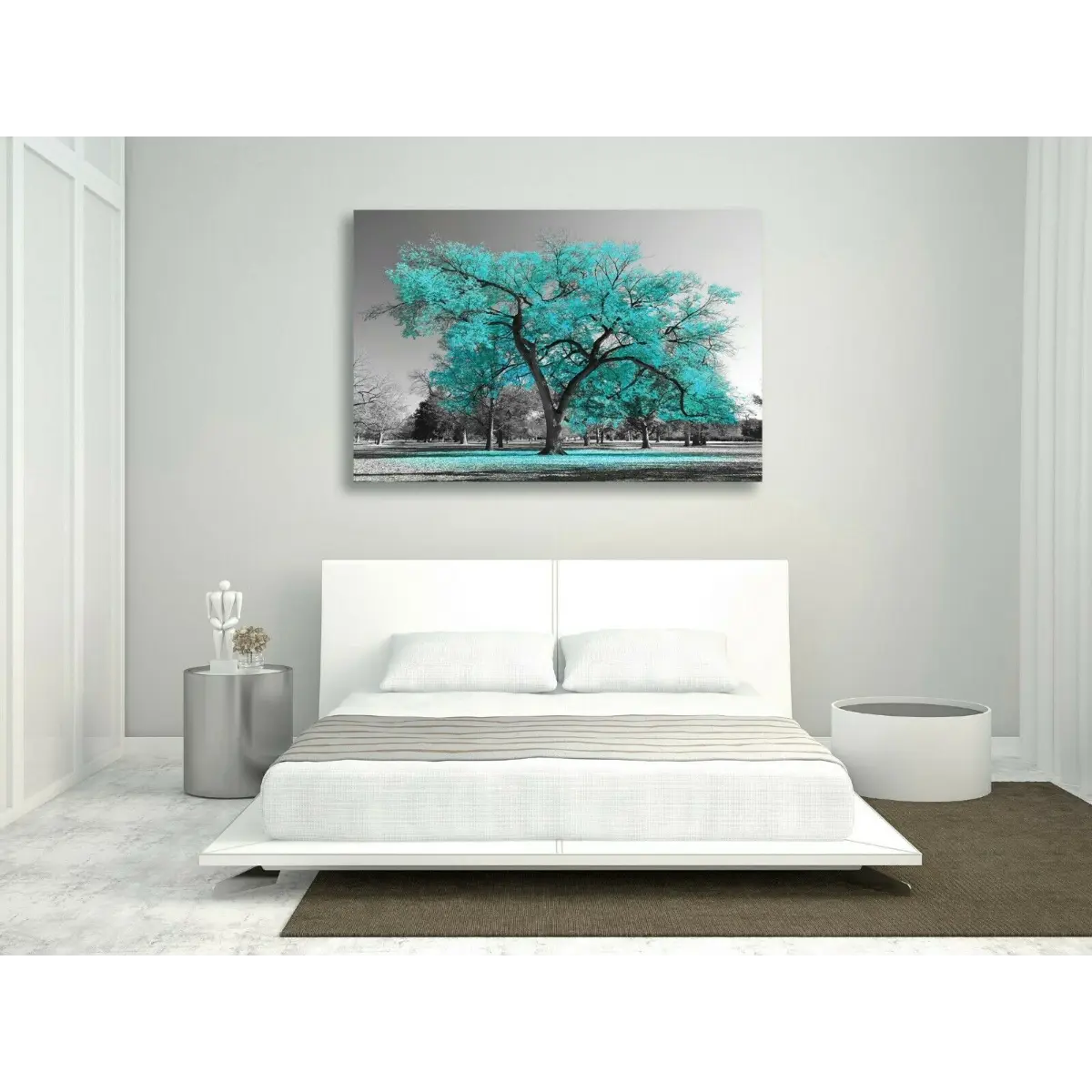 A modern bedroom featuring a white bed, grey carpet, and a striking teal tree artwork against a monochrome background.