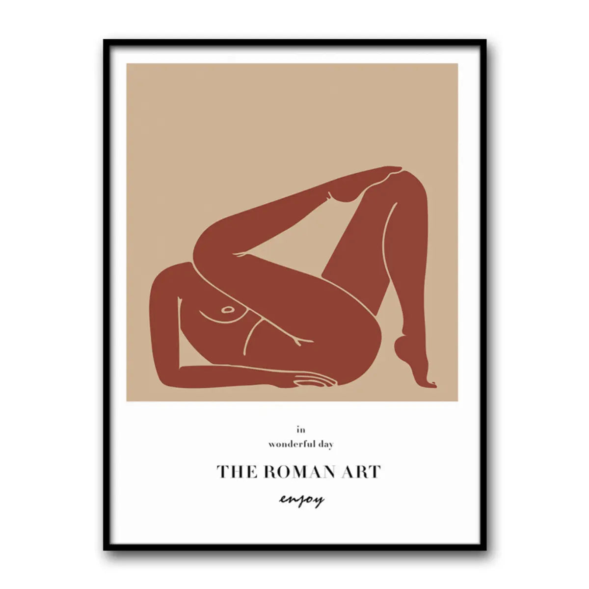 A minimalist art print featuring a reclining, abstract female figure in earthy tones, framed with the text "THE ROMAN ART."
