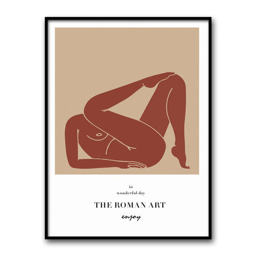 A minimalist art print featuring a reclining, abstract female figure in earthy tones, framed with the text "THE ROMAN ART."