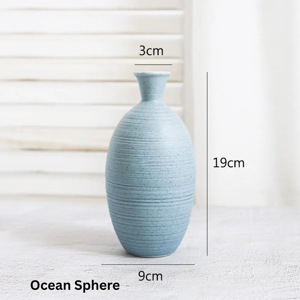 A textured blue vase titled "Ocean Sphere," measuring 19cm in height and 9cm in width, showcased on a light background.